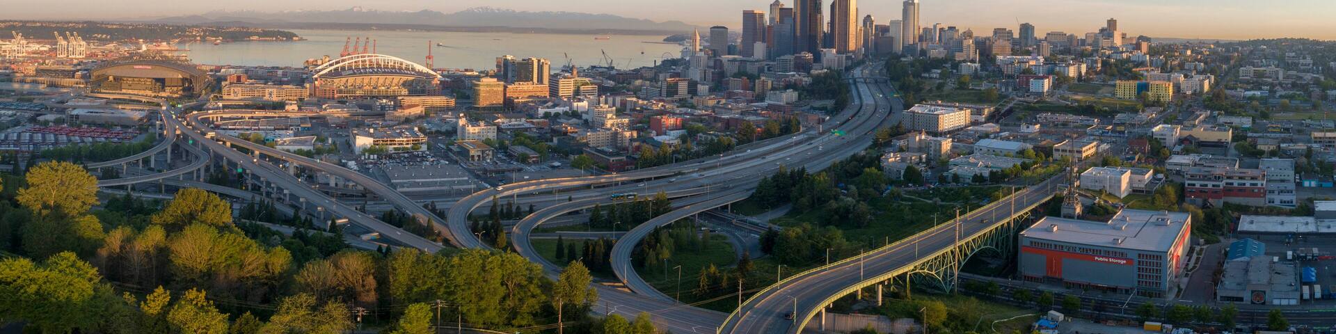 Sunrise view on Seattle, Elliott Bay and the Olympic Mountains as seen from Beacon Hill, Seattle, Washington State.