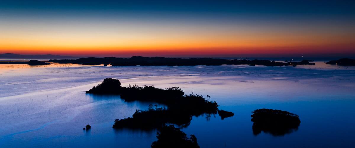 Aerial view of Matsushima Bay at sunrise, Miyagi, Japan.