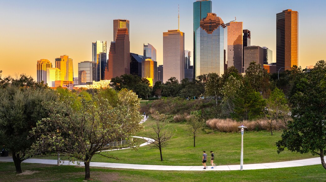 Houston Downtown modern business city with skyscraper city scape with park view from Buffalo Bayou center of Houston city, Texas, United States of America, US at sunset time