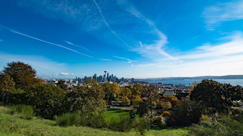 Seattle, Washington Summer Day Downtown Background With Blue Skies
