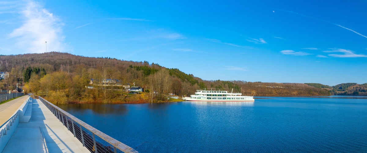 A river with a white boat, a bridge, and hills with trees.