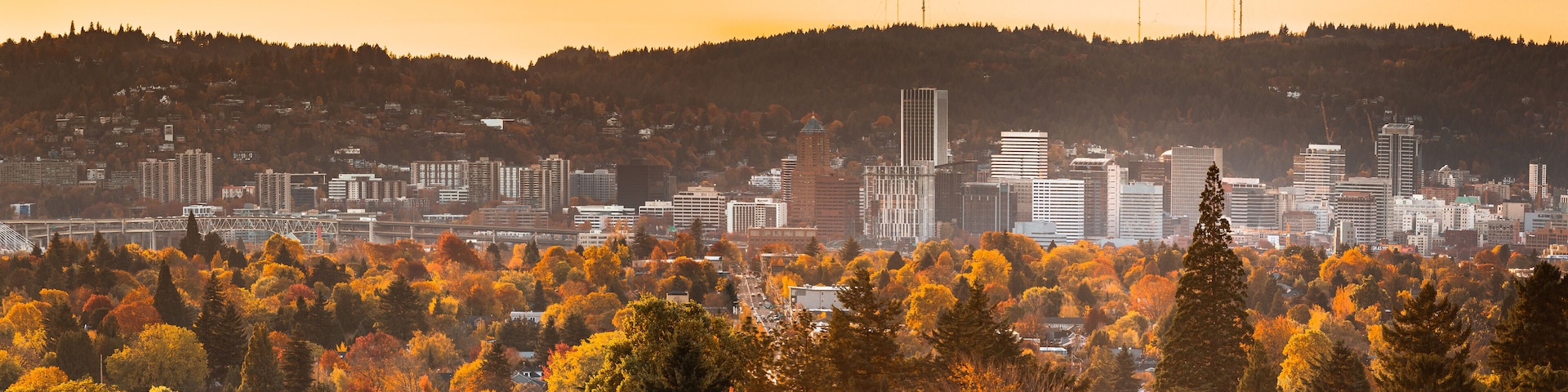 Portland downtown skyline with autumn trees view from Mt. Tabor's water reservoirs