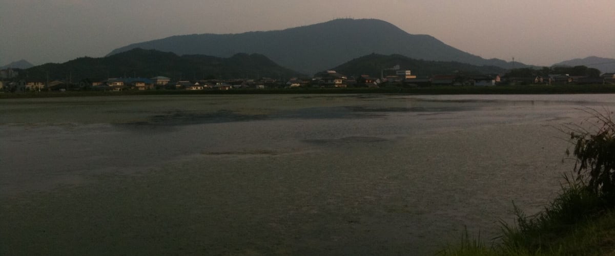 A river with a mountain in the background and houses along the riverbank.