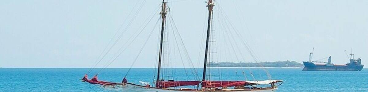 Un canon est installé sur un socle en pierre, au bord de la mer. On aperçoit, en arrière-plan, un navire à voile et un cargo.
