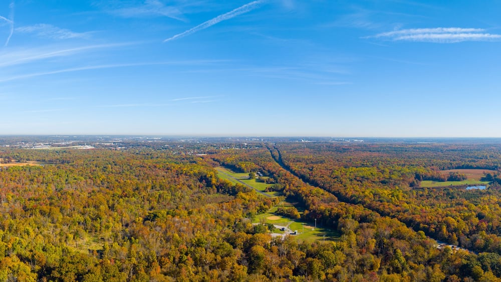Aerial drone photo fall foliage Maryland Laurel