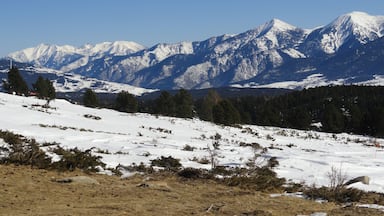 A snow-covered mountain landscape with a clear sky.