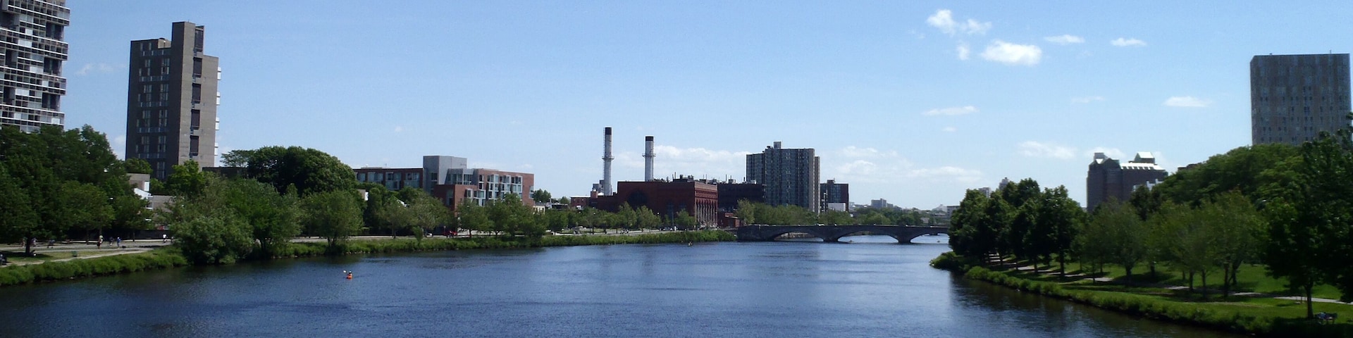 People rowing in boats on the Charles river by Harvard Universit