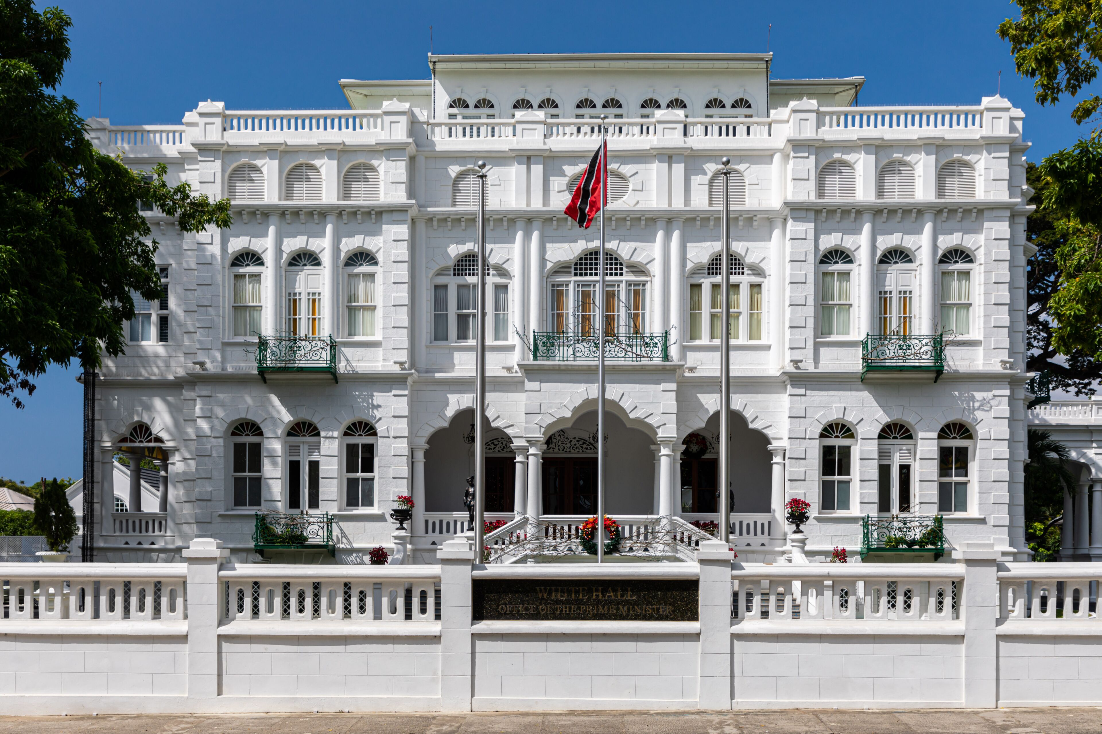 White Hall, office of the Prime Minister of Trinidad and Tobago, Port of Spain city, Caribbean. One of the Magnificent Seven, Whitehall, originally Rosenweg. National flag flying