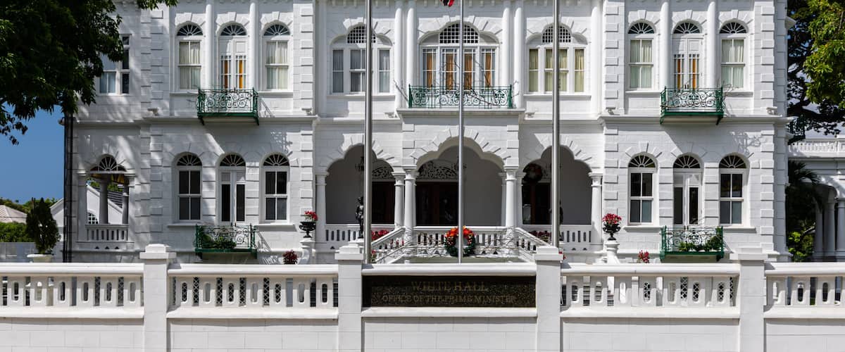 White Hall, office of the Prime Minister of Trinidad and Tobago, Port of Spain city, Caribbean. One of the Magnificent Seven, Whitehall, originally Rosenweg. National flag flying