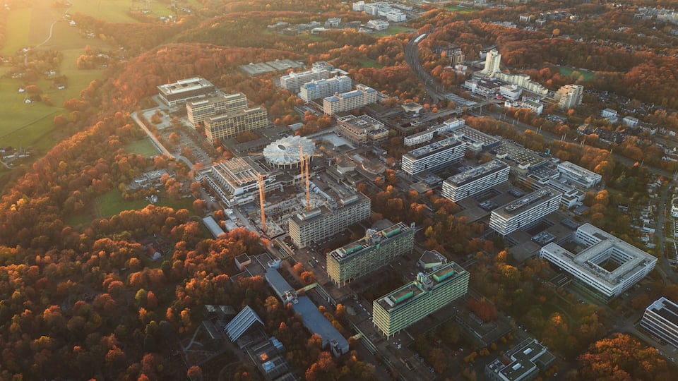 Aerial view of Ruhr University Bochum (RUB) campus in autumn, Germany
