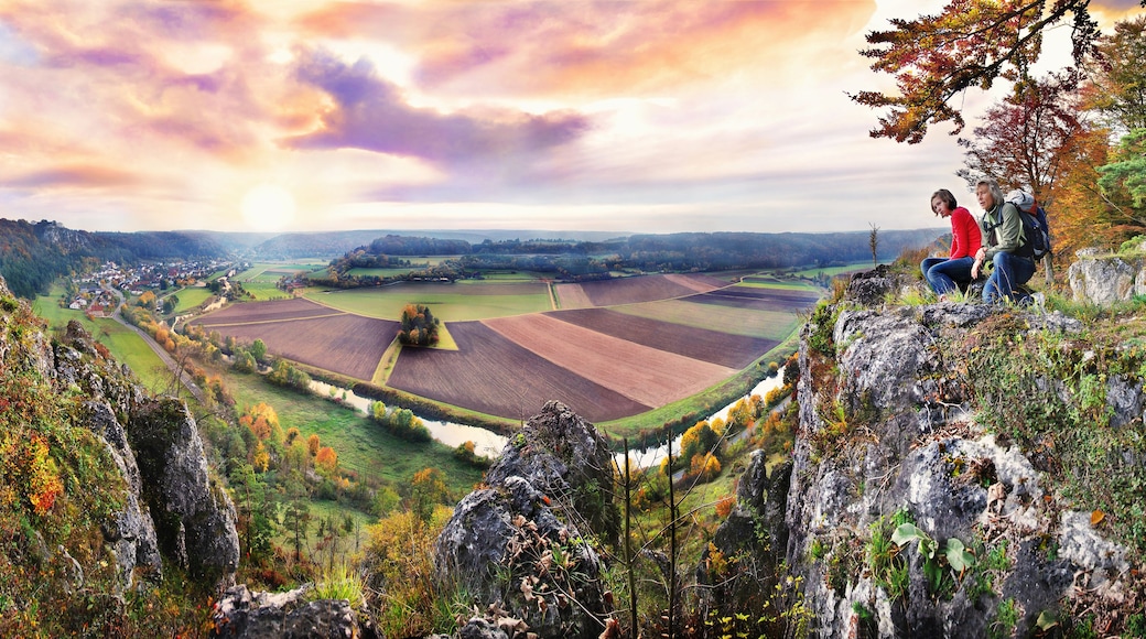 A panoramic view of a valley with fields, a river, and a town in the distance.