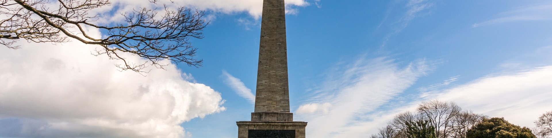 Scene framed by tree branches at the Wellington Monument and Testimonial (finished in 1861), the largest obelisk in Europe located in Phoenix Park, Dublin, Ireland, on a spring morning.