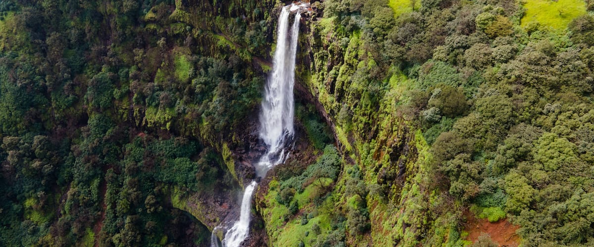 drone shot of Kune Waterfall Lonavala Maharashtra,Kune Falls Monsoon View