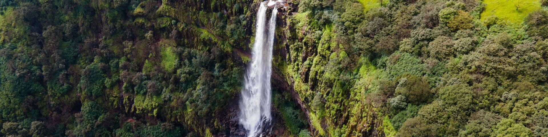 drone shot of Kune Waterfall Lonavala Maharashtra,Kune Falls Monsoon View