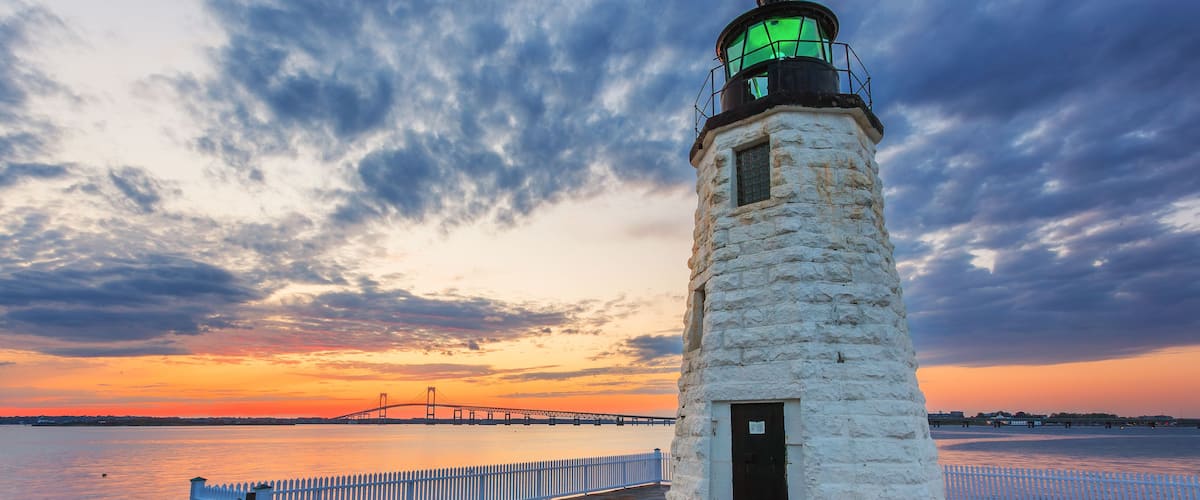 Goat Island Lighthouse in Narragansett Bay, Newport, Rhode Island RI, USA.