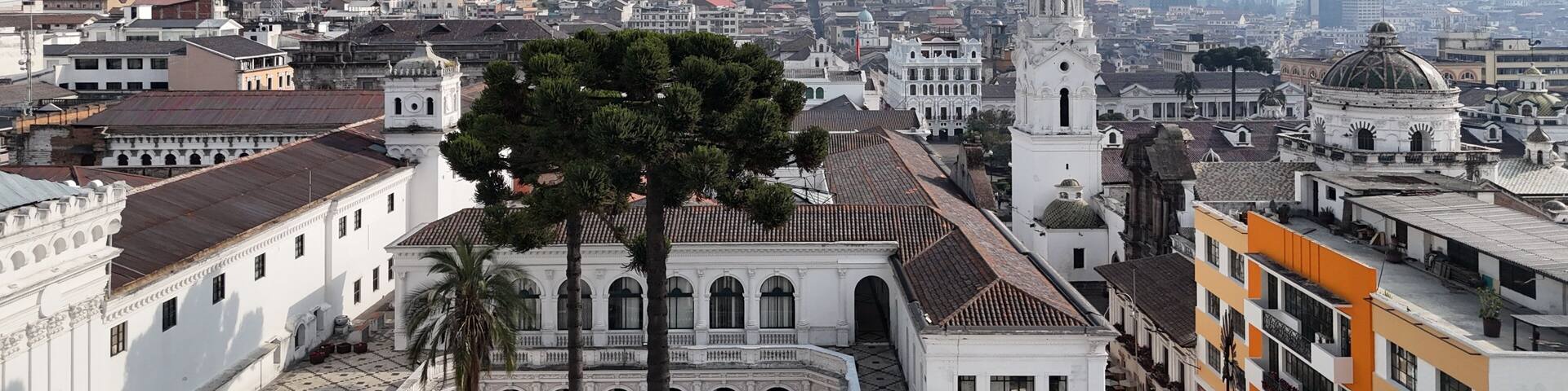 A cityscape with historic buildings, a prominent church with a bell tower, and a hill with residential areas.