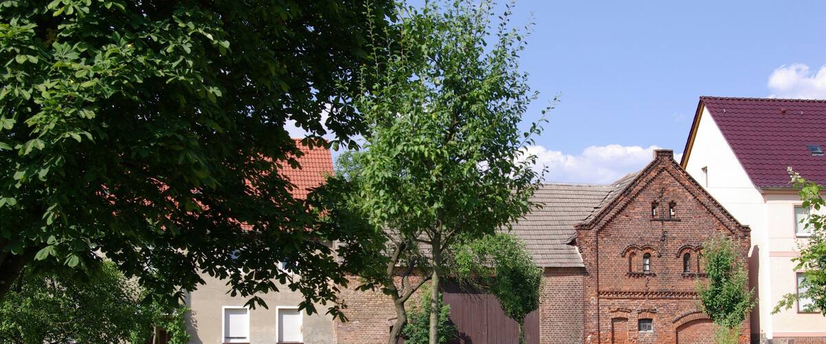 A grassy area with a tree, a brick building, and a white building with a red roof.