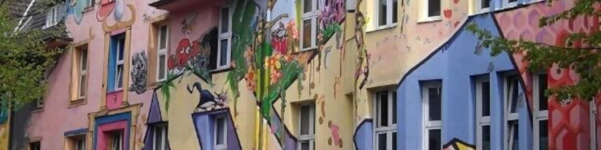 Kiefernstrasse became infamous in the early 1980's for squatting. Nowadays the squatters live in regular tenancies, yet the street remains a colorful display of living counterculture.