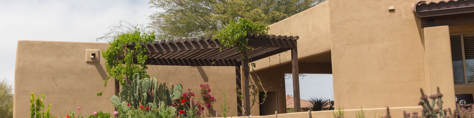 Garden in front of Southwest style stucco house