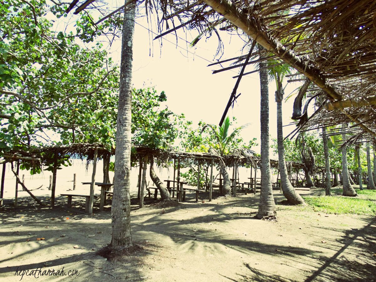 I can easily say that this is the most beautiful beach in the province of Chiriqui, PA.
Nearby there is a resort called Lajas Lajas Beach Resort, but if you are willing to rough it (somewhat) you can simply park your car here (for free), and have the beach to yourself (depending on the season).  And, as you can see, there is long row of covered tables, perfect for your very own picnic. 
Check out my in-depth article for more info about this amazing beach: http://www.hepcathannah.com/playa-las-lajas-beach-resort/