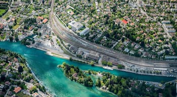 aerial view of the city center of Thun with Aare and Bälliz seen from the Helicopter