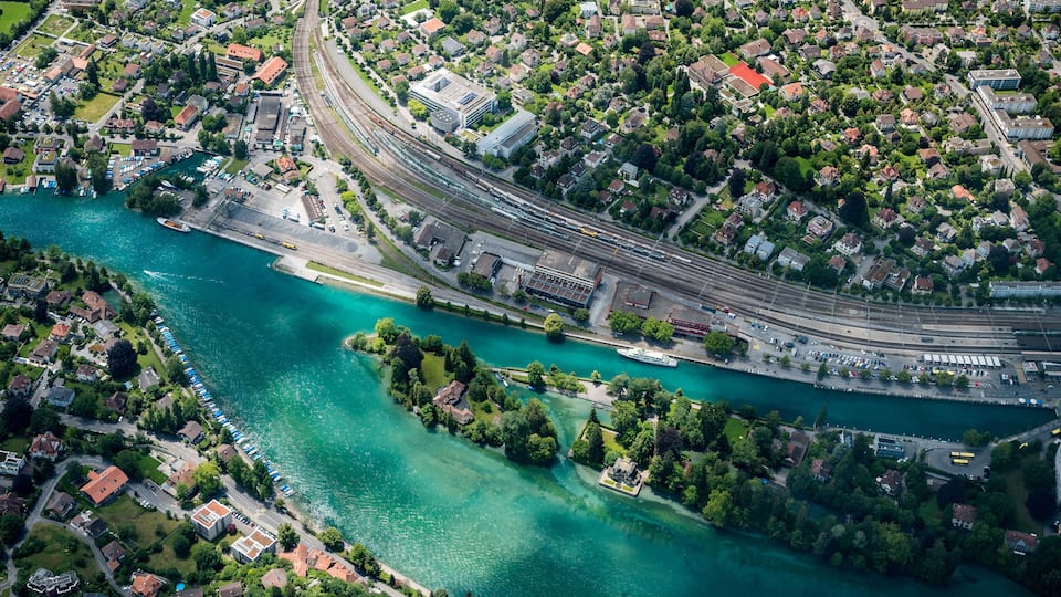 aerial view of the city center of Thun with Aare and Bälliz seen from the Helicopter