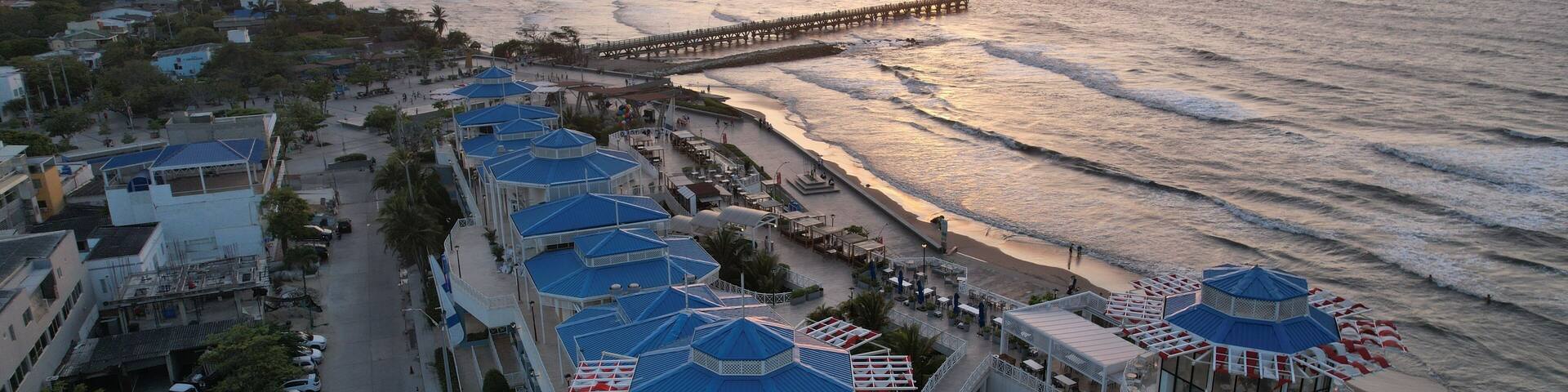 Aerial Sunset View of Puerto Colombia Beach and Pier Near Barranquilla Colombia