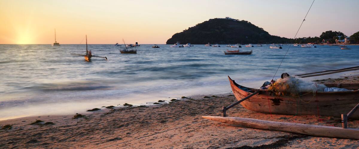 Madirokely beach in Ambatoloaka on Nosy Be (Nossi Be) Island, Madagascar at sunset