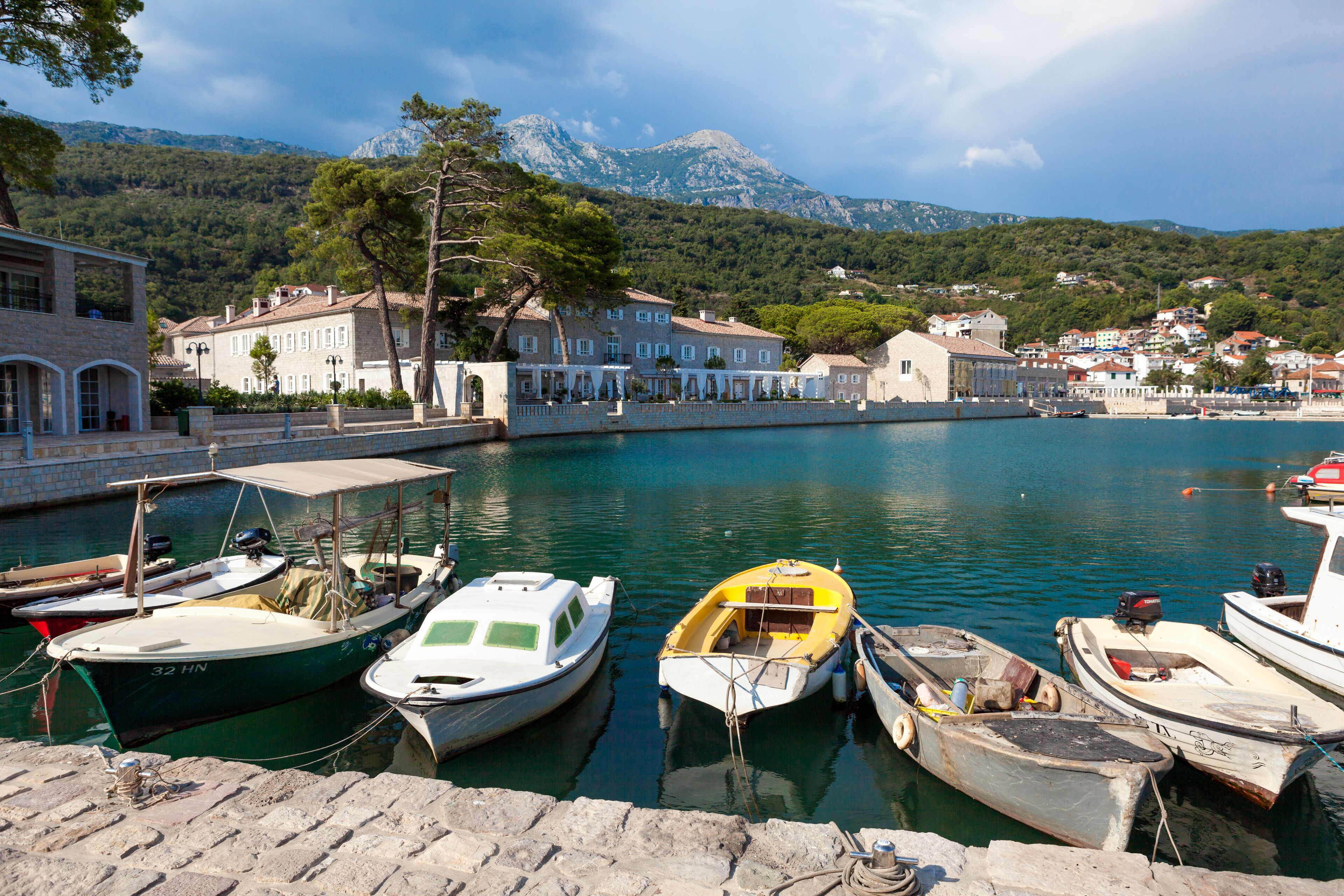 fishing boats moored in the marina of the city Herceg Novi
