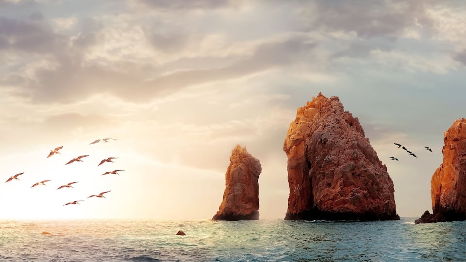 Rocky formations on a sunset background. Famous arches of Los Cabos. Mexico. Baja California Sur. Panoramic image. Banner format.