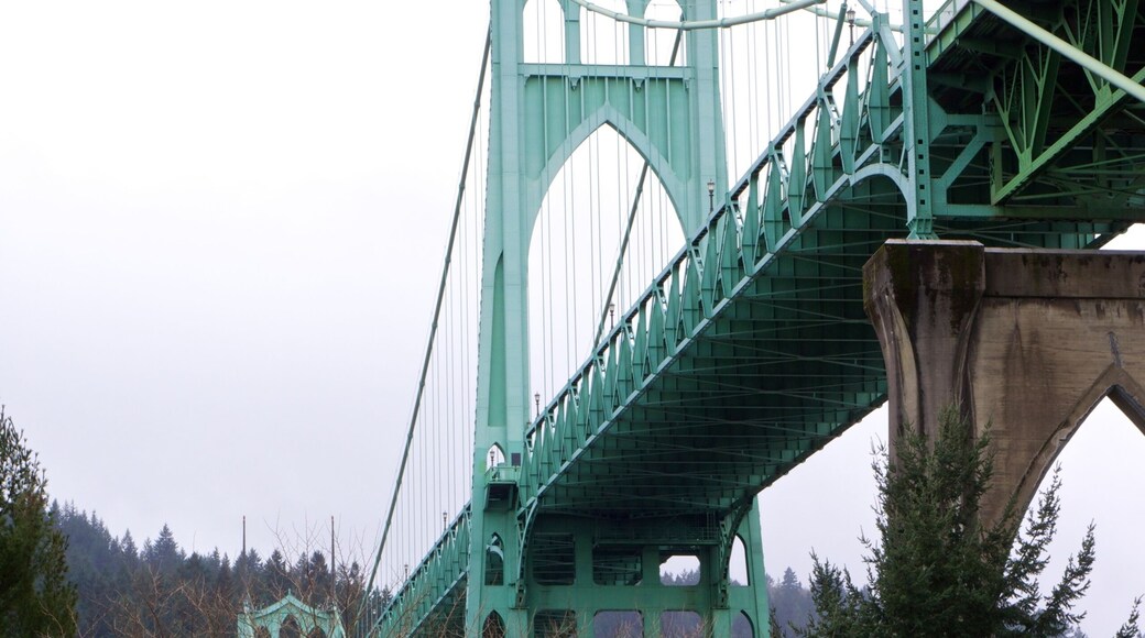 Vertical low angle shot of the famous St. Johns Bridge surrounded by a forest in Portland, Oregon
