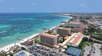 Palm Beach In Noord Oranjestad Aruba. Aerial View Of Stunning Beach With Crystal Clear Waters. Coast Horizon Seaside Summertime. Coast Outdoors Panoramic. Noord Oranjestad.