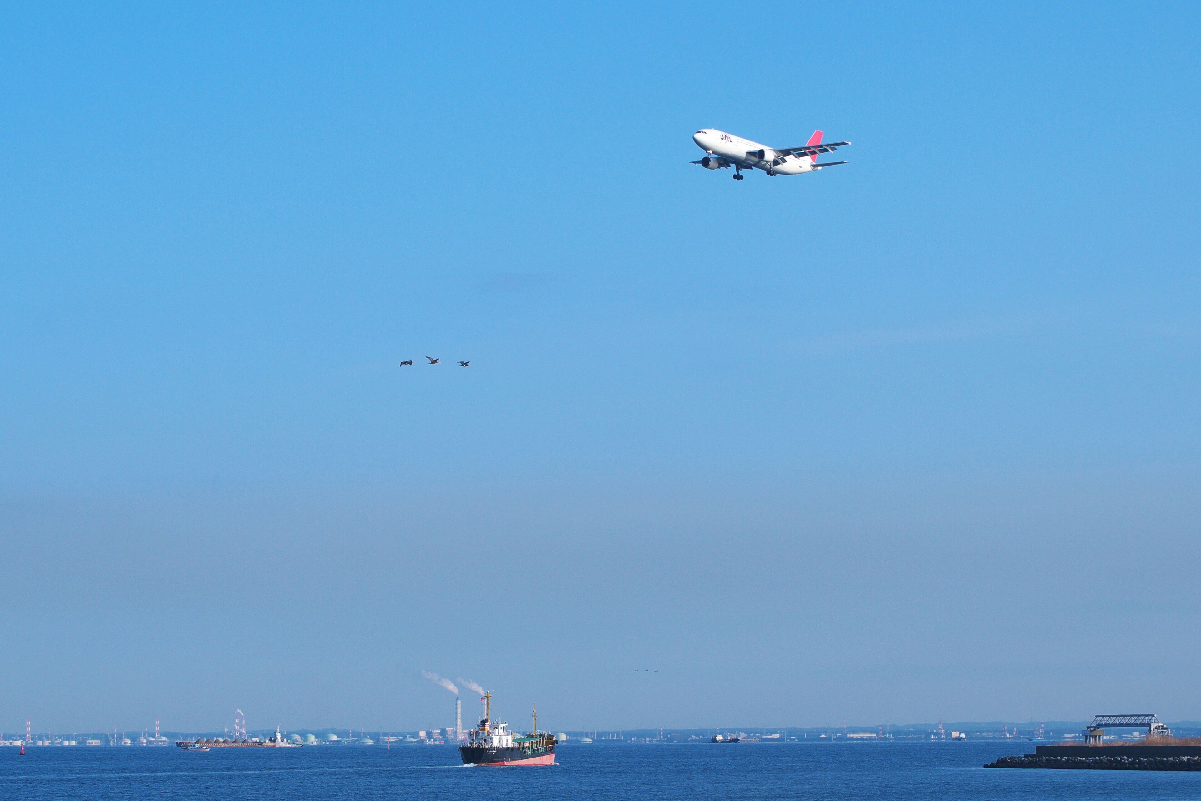羽田空港に着陸進入中のJalのA300-600rです。 川崎市の浮島公園にて。
