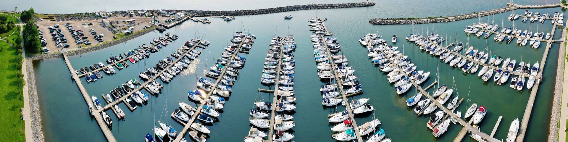 Aerial panorama of the Bronte Marina in Oakville, Ontario, Canada