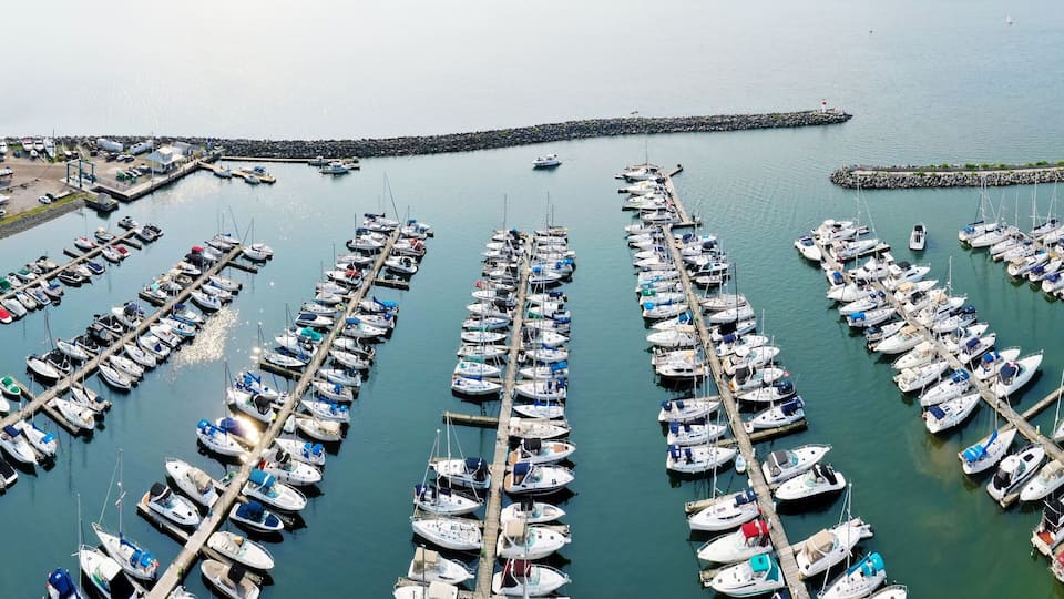 Aerial panorama of the Bronte Marina in Oakville, Ontario, Canada
