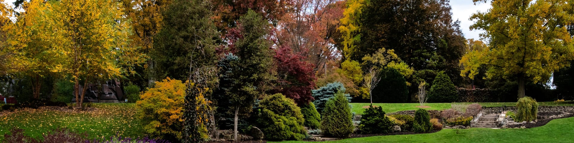 A small footbridge crosses a stream and a pond in a garden on an autumn day.