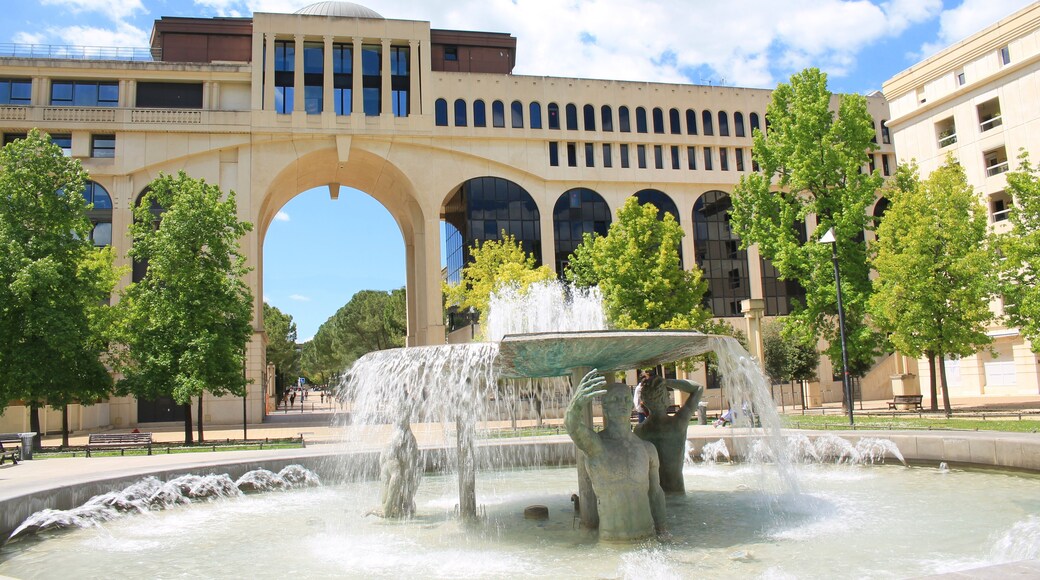 Thessalie square and its amazing fountain in Antigone district, Montpellier, France