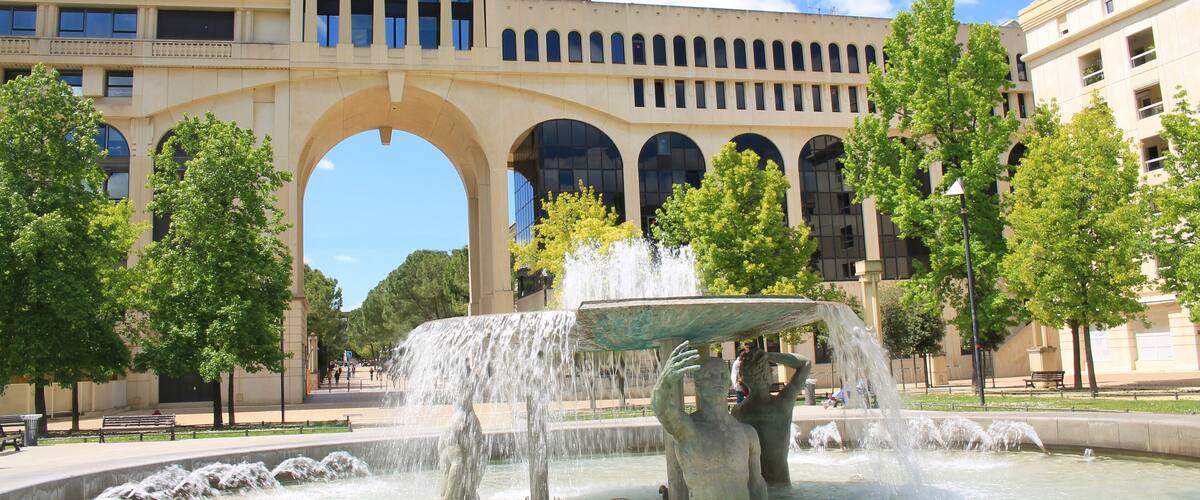 Thessalie square and its amazing fountain in Antigone district, Montpellier, France