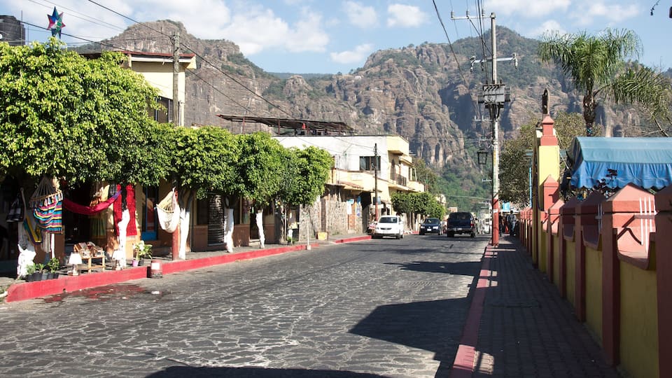 A cobblestone street in Tepoztlan, Morelos, Mexico.