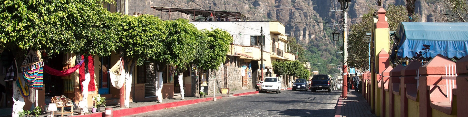 A cobblestone street in Tepoztlan, Morelos, Mexico.