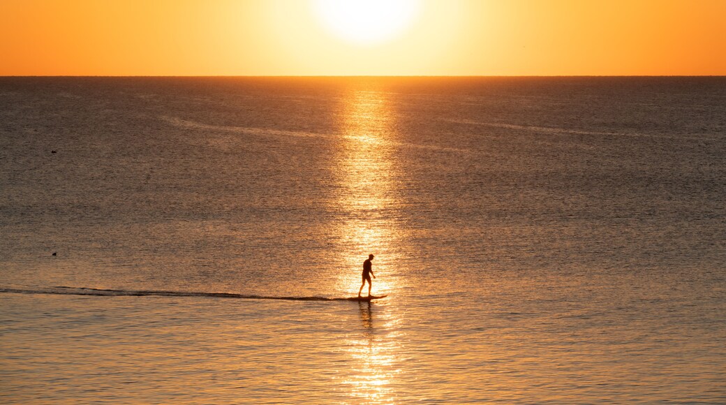 A serene silhouette of a paddleboarder glides across calm ocean waters during a golden Florida sunrise at South Ponte Vedra Beach