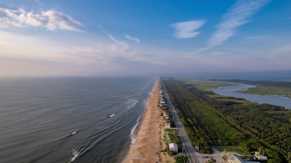 Aerial view of beautiful sandy beach and blue ocean, Ponte Vedra Beach, Florida, United States.