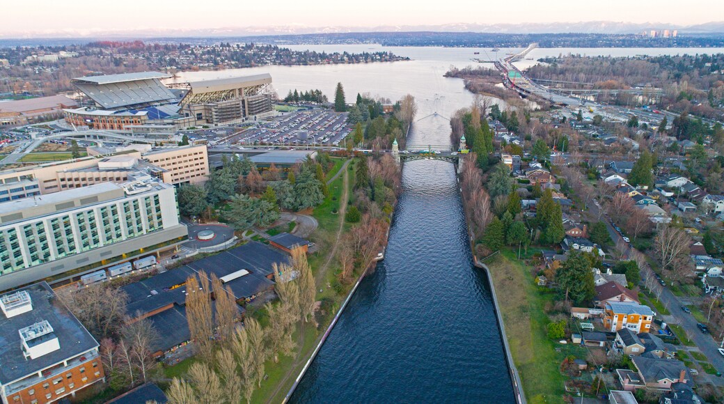 Seattle Portage Bay Aerial Mt Rainier City Skyline - Magical Sunset Evening