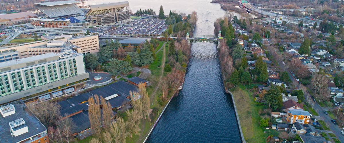 Seattle Portage Bay Aerial Mt Rainier City Skyline - Magical Sunset Evening