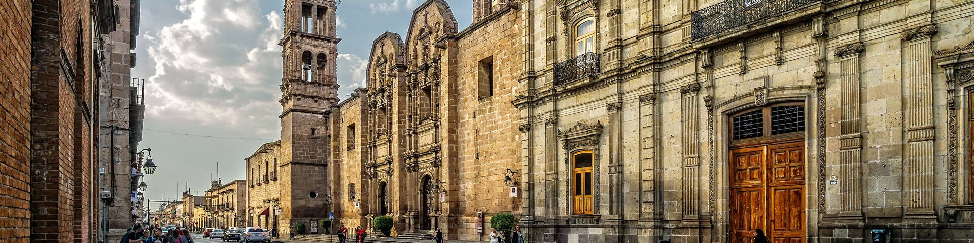 View of the old buildings down Mexico 15, with the Temple of the Nuns at the background