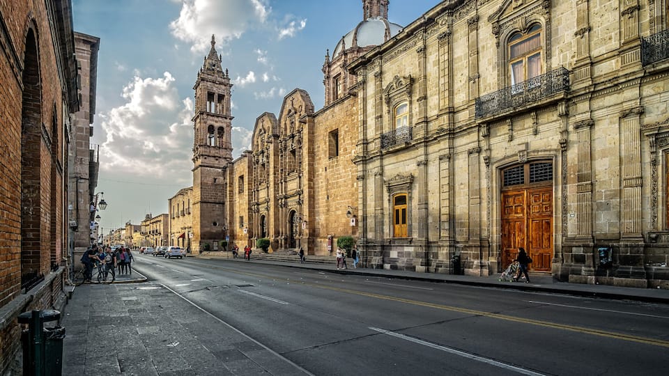 View of the old buildings down Mexico 15, with the Temple of the Nuns at the background