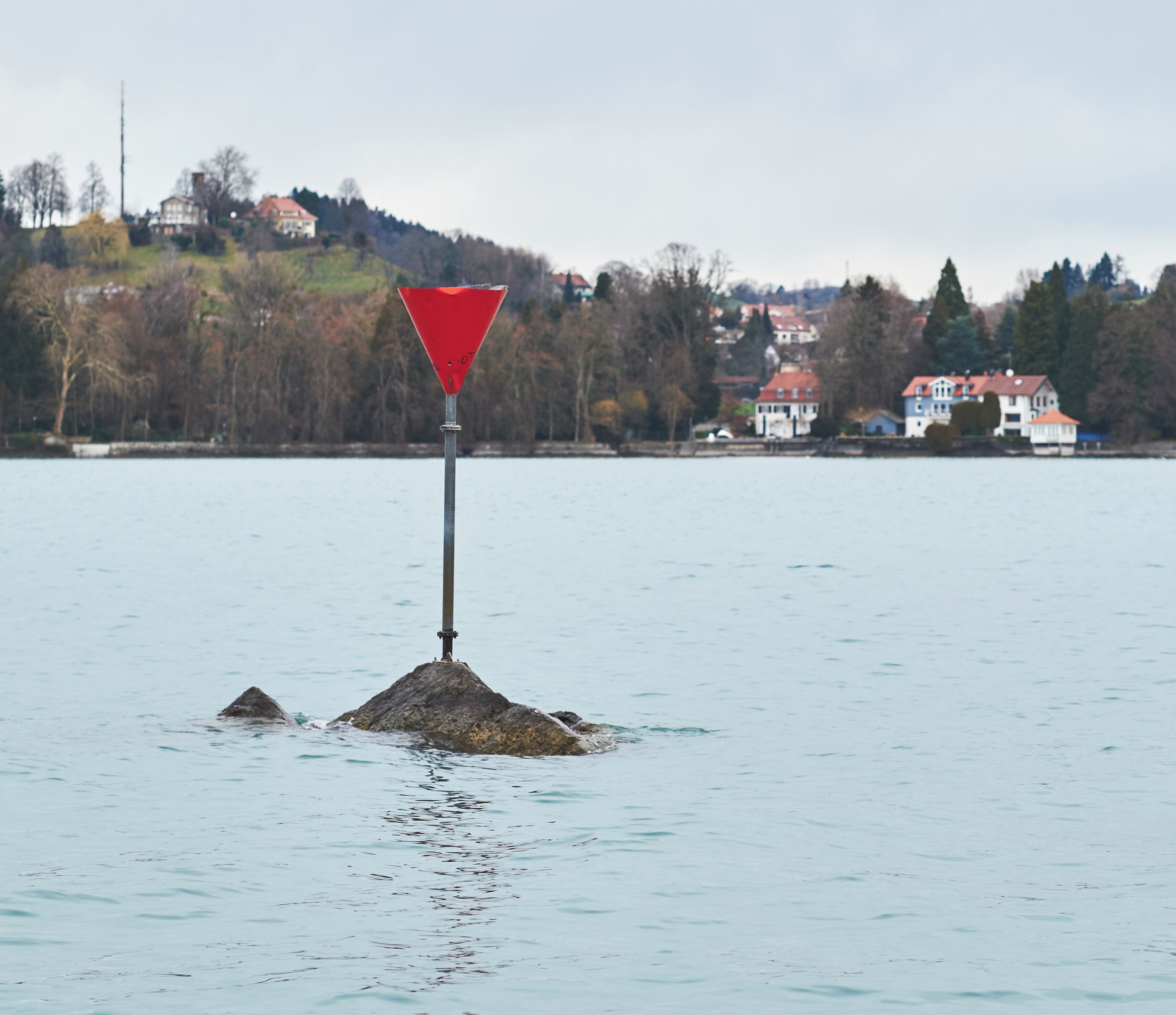 The rock Hexenstein (Stone of the witches), Lindau, Lake Constance, Bavaria, Germany, at low water level, from the Hintere Insel (closest point at a distance of well 40 meters), looking north to the shores of Schachen