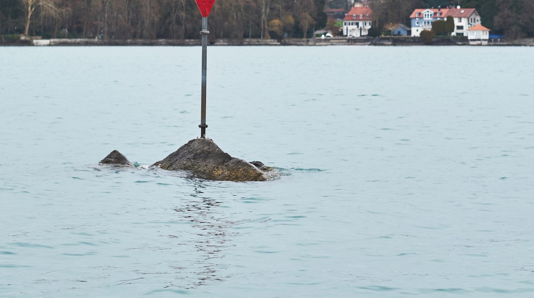The rock Hexenstein (Stone of the witches), Lindau, Lake Constance, Bavaria, Germany, at low water level, from the Hintere Insel (closest point at a distance of well 40 meters), looking north to the shores of Schachen