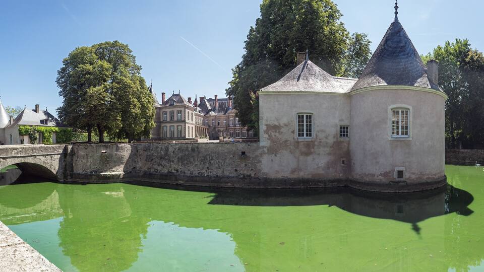 Panoramic view of the Chateau de Haroue with its moat nicknamed Chambord of Lorraine