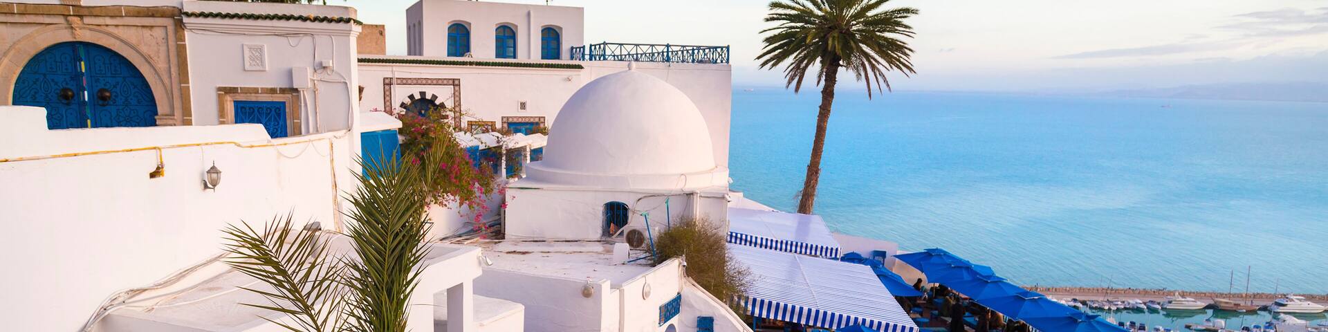 A coastal town with white buildings, blue doors, and a clear view of the sea.